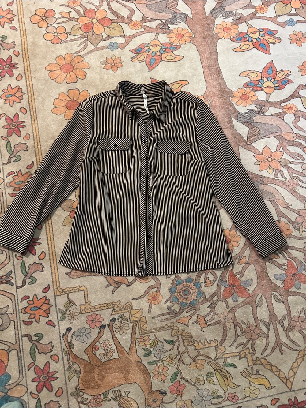 NY Collection Black & Cream Striped Button-Up Shirt Size Large -Petite